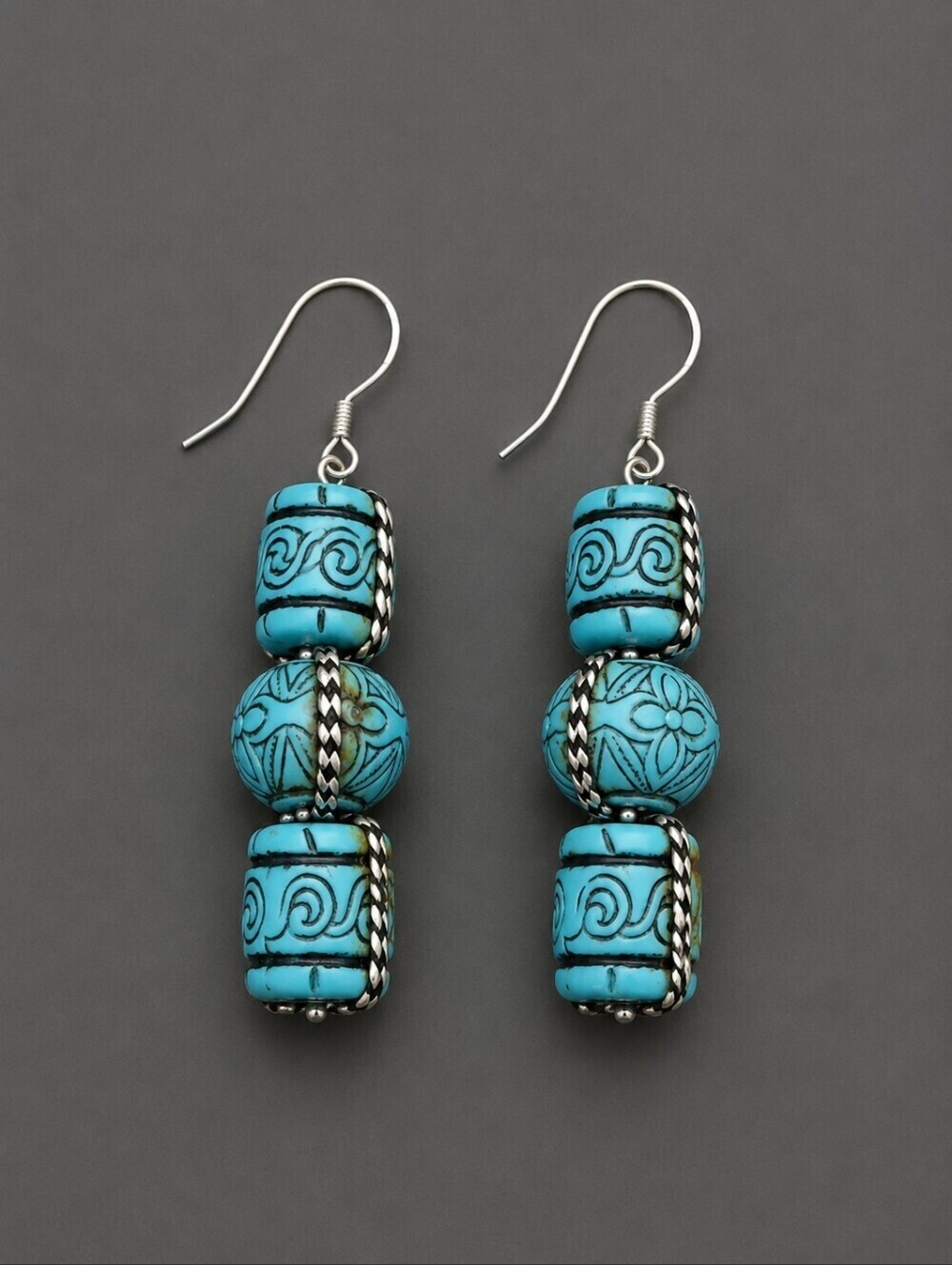 3/$30 VTG Western Acrylic Turquoise Barrel Bead Tribal Dangle Hook Earrings